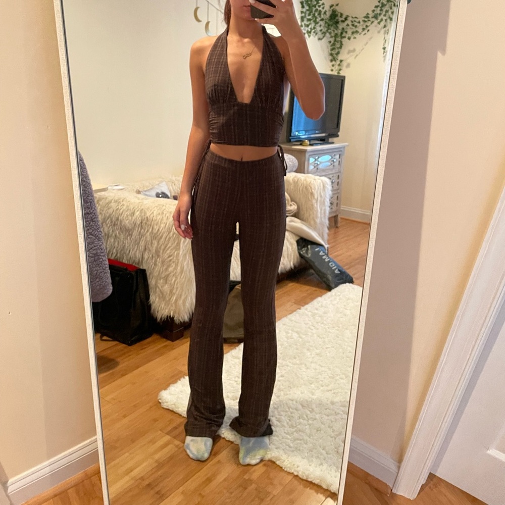 Tiger mist halter top fit and flare bottoms set plaid brown x small